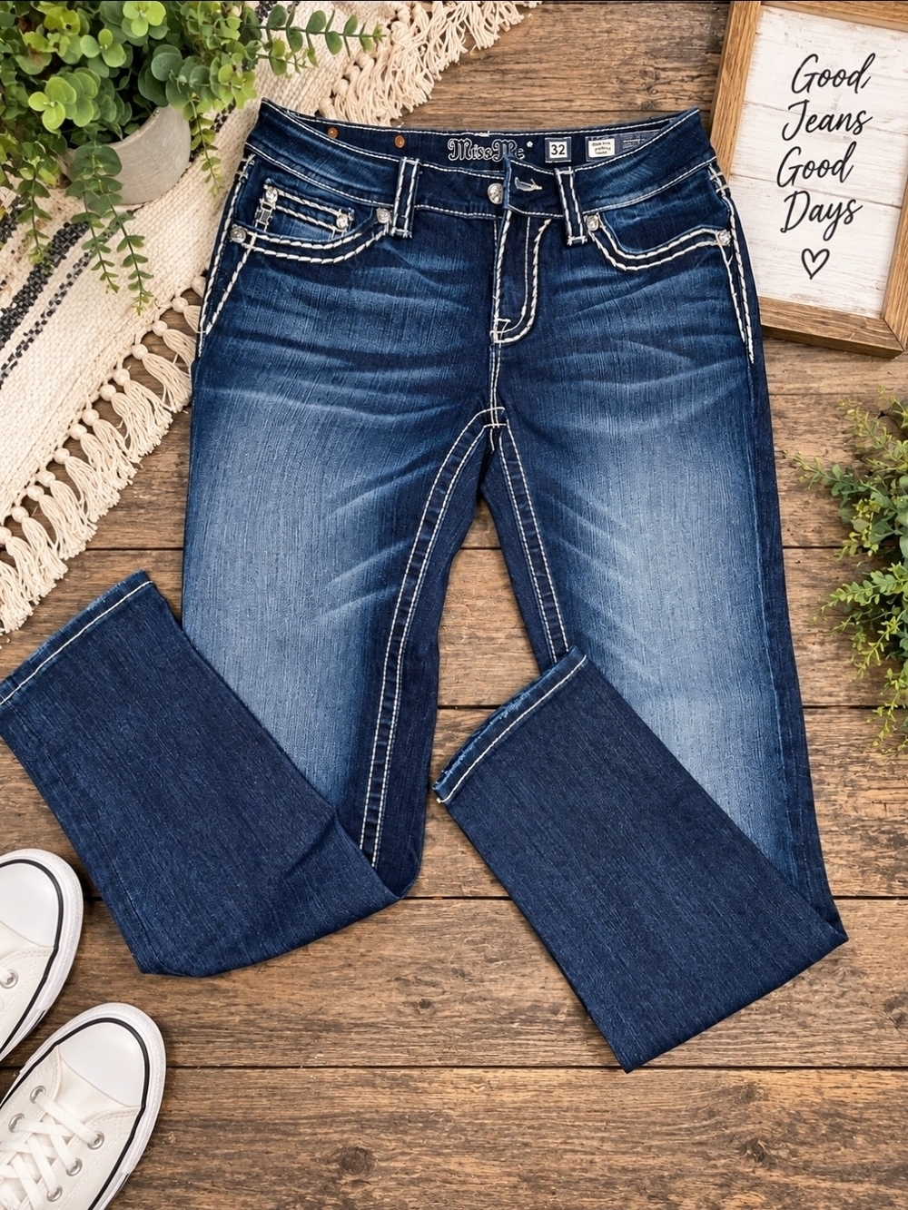 Miss Me Dark Blue Bootcut Jeans with Contrast Stitching